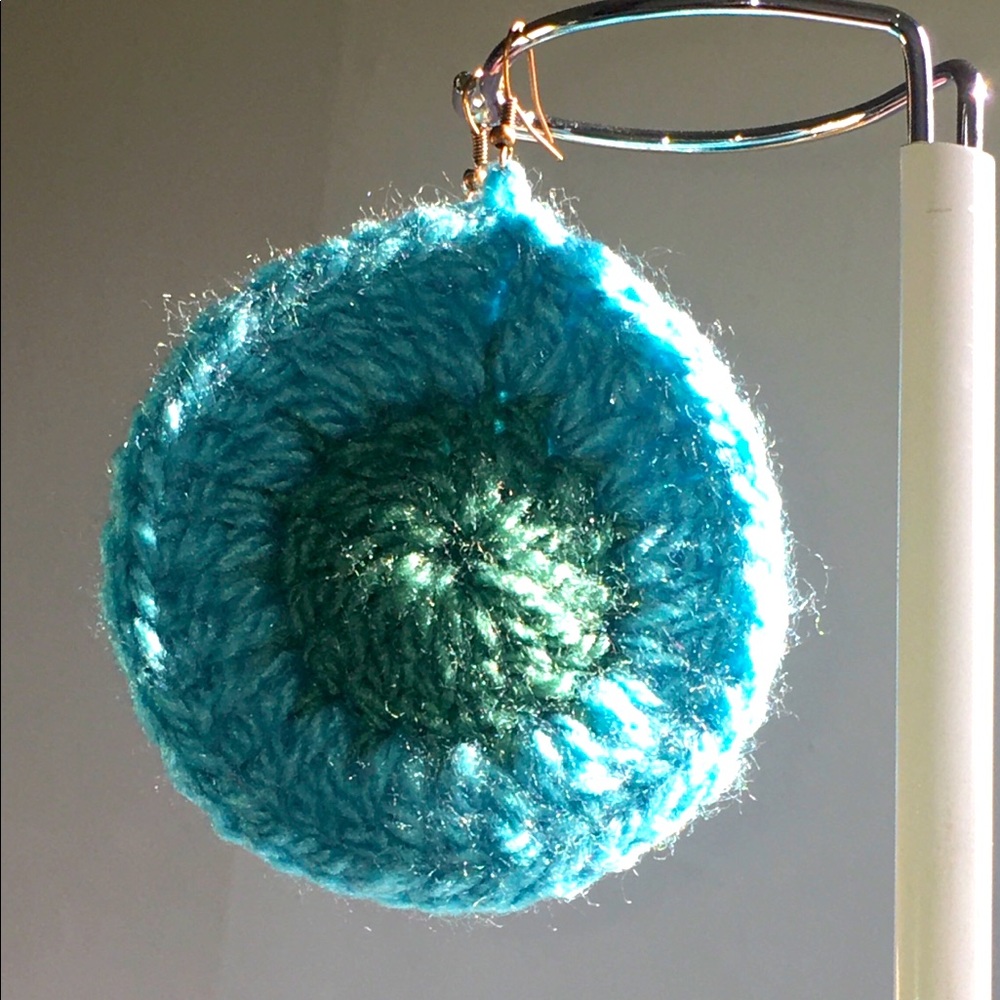 Baby Blue and Pine Green One of a kind unique style handmade crochet earrings